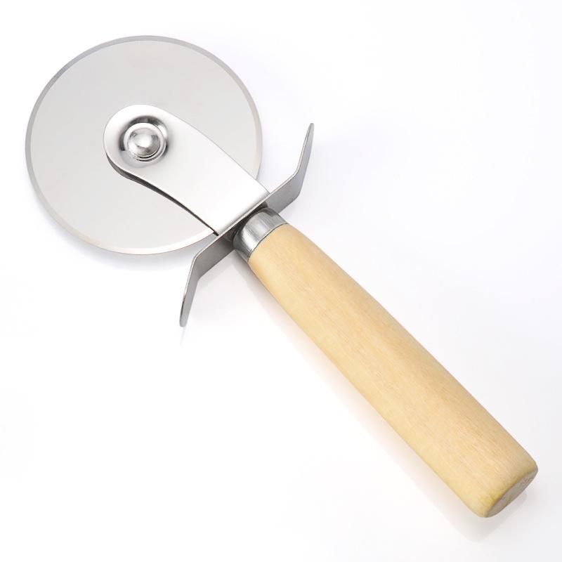 Stainless Steel Pizza Cutter with Wooden Handle - Single Wheel Pizza Roller and Pie Divider Baking Tool