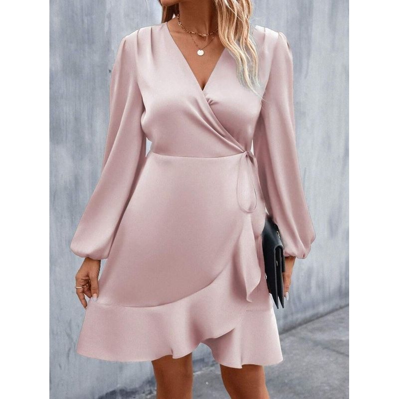 Summer Satin Dress European and American Women Summer V-neck Satin Dress Satin Waist Hugging Low Cut Midi dress