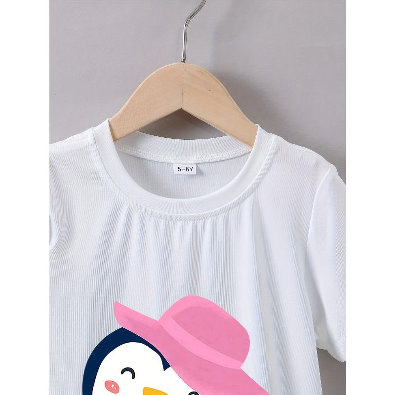 European Sizes Girls' Summer Short Sleeve T-Shirt with Cute Penguin Reading Book Print - Soft Round Neck Blouse for & Little Girls