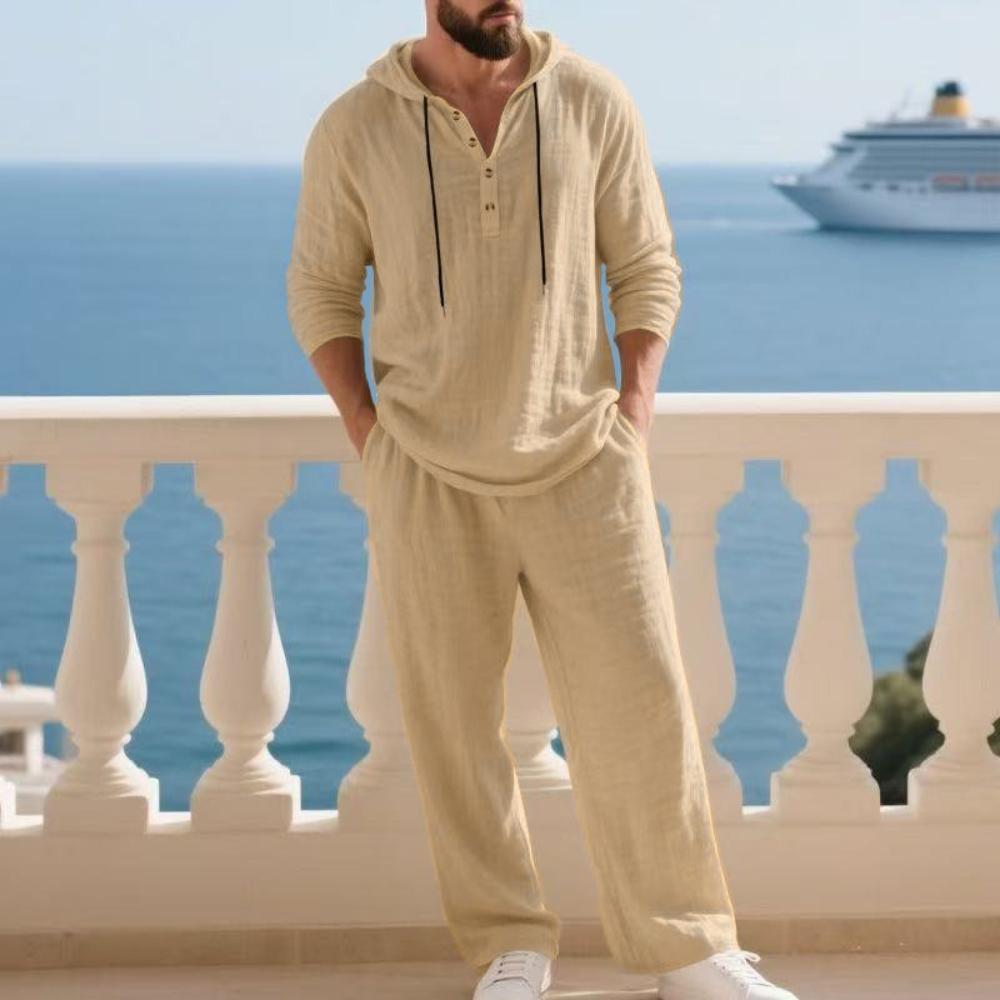 2 Pcs Retro Cross-border Autumn Linen Men's Casual Suit Loose Hooded Henley Shirt Long Sleeve Pants Suit Tracksuits