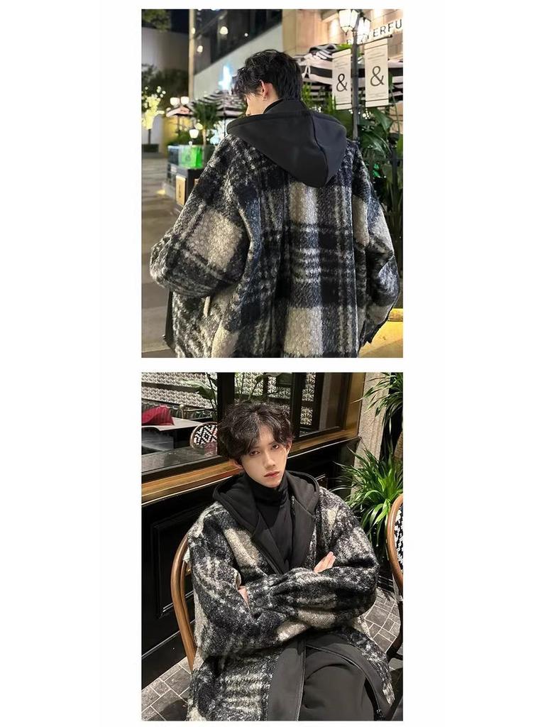 Męska casualowa kurtka z kapturem w kratę z mieszanki wełny - jesienne bloki kolorów, modny dwuczęściowy design