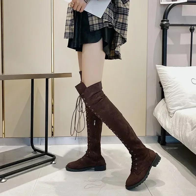 Hot Sale Lace-up Round Toe Low Heel Women's Boots Cow Suede Over The Knee Modern Boots Square Heel Winter Ladies Shoes