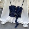 Koreanische Serie Tragen Alter-Reduzierung Set Retro Denim Cami Gestapelt Alle-Matching Puff Sleeve Shirts Zwei-stück Set Top