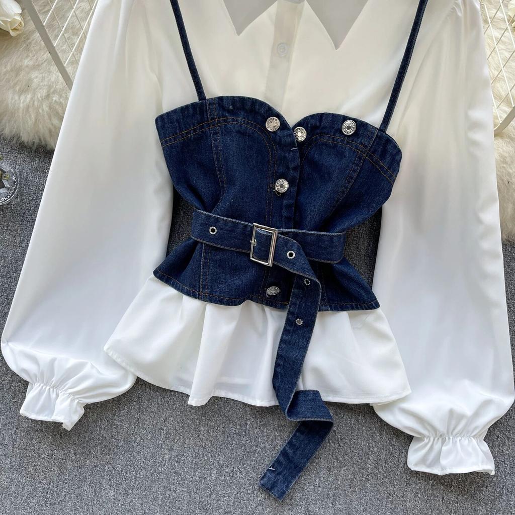 Koreanische Serie Tragen Alter-Reduzierung Set Retro Denim Cami Gestapelt Alle-Matching Puff Sleeve Shirts Zwei-stück Set Top