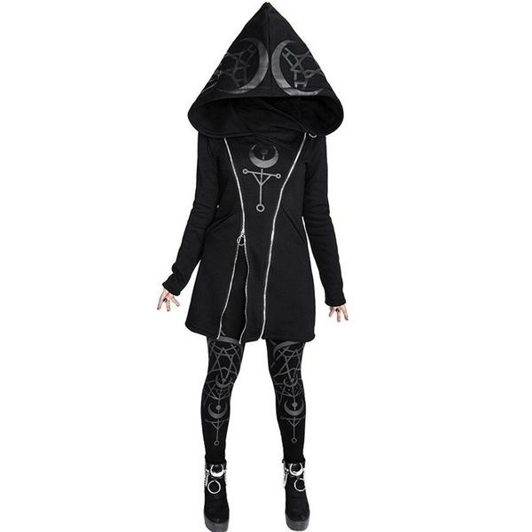 Damska gotycka kurtka z kapturem Street Goth Punk Style czarna długa bluza z kapturem Harajuku Oversized Zip-up Y2K znosić topy