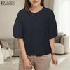 ZANZEA Women Casual Round Neck Short Sleeve Embroidery Crochet Patchwork Blouse