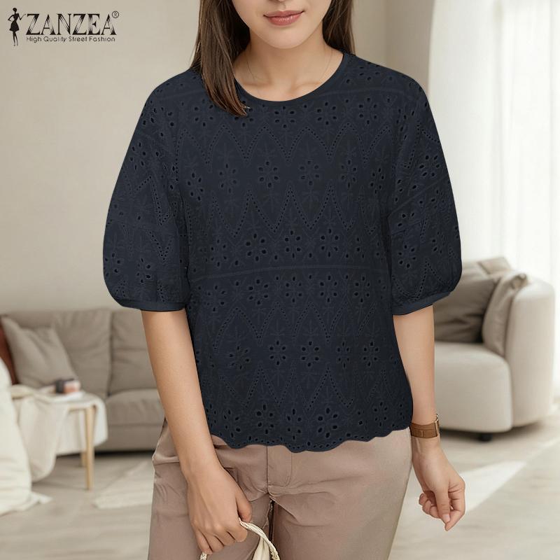 ZANZEA Women Casual Round Neck Short Sleeve Embroidery Crochet Patchwork Blouse