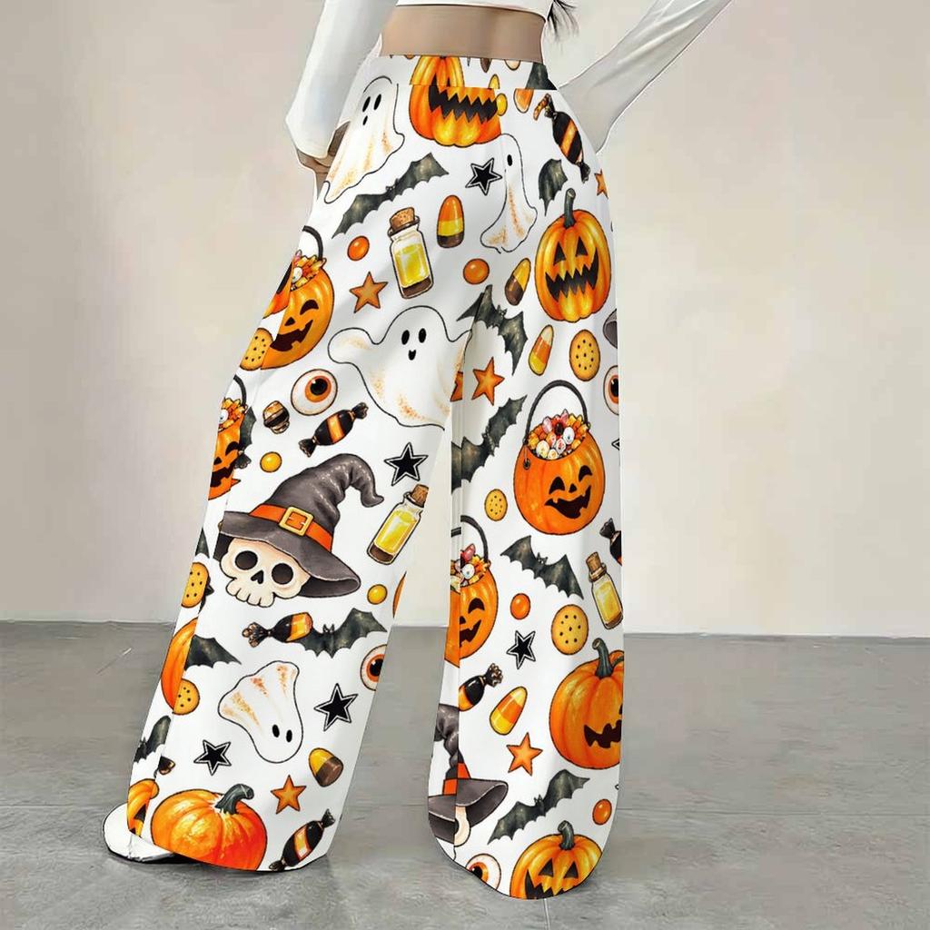 Women Plus Size Loose Straight Leg Pants Halloween Cartoon Duck Printed Full Length Casual Trousers