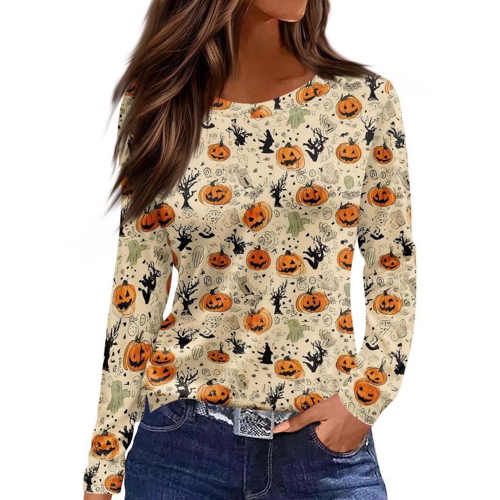 Women's Halloween Print Long Sleeve Top with Round Neck and Hem Slit