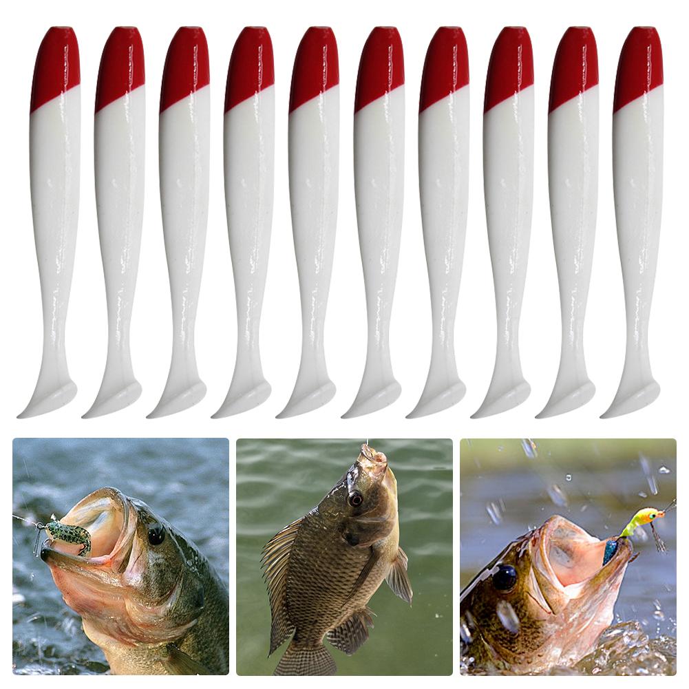 10Pcs Soft Fishing Lures 5.5/6.3/7cm Artificial Worm Swimbait PVC Red Head White Body T Tail Bait Fishing Accessories
