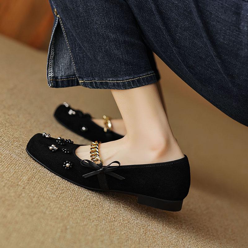 Square Head Beaded Flower Metal Chain Mary Jane Shoes Women's Versatile Low-heeled Single Shoes