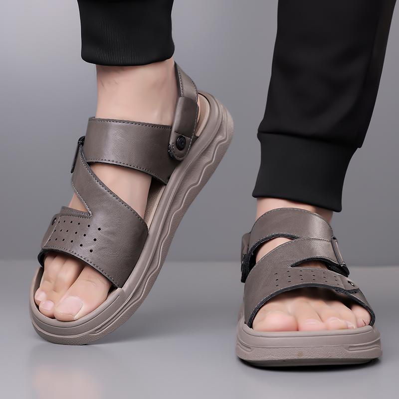 New Outdoor Leather Sandals Non-slip Beach Flats Dual-Purpose Male Slippers Travel Open-toe Half Drag Mens Summer Shoes