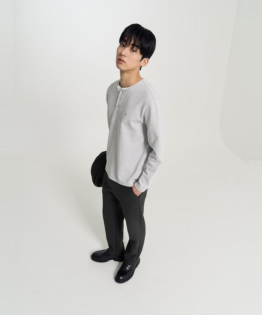 Binpolmen Henley Neck Long Sleeve T-Shirt Light Gray