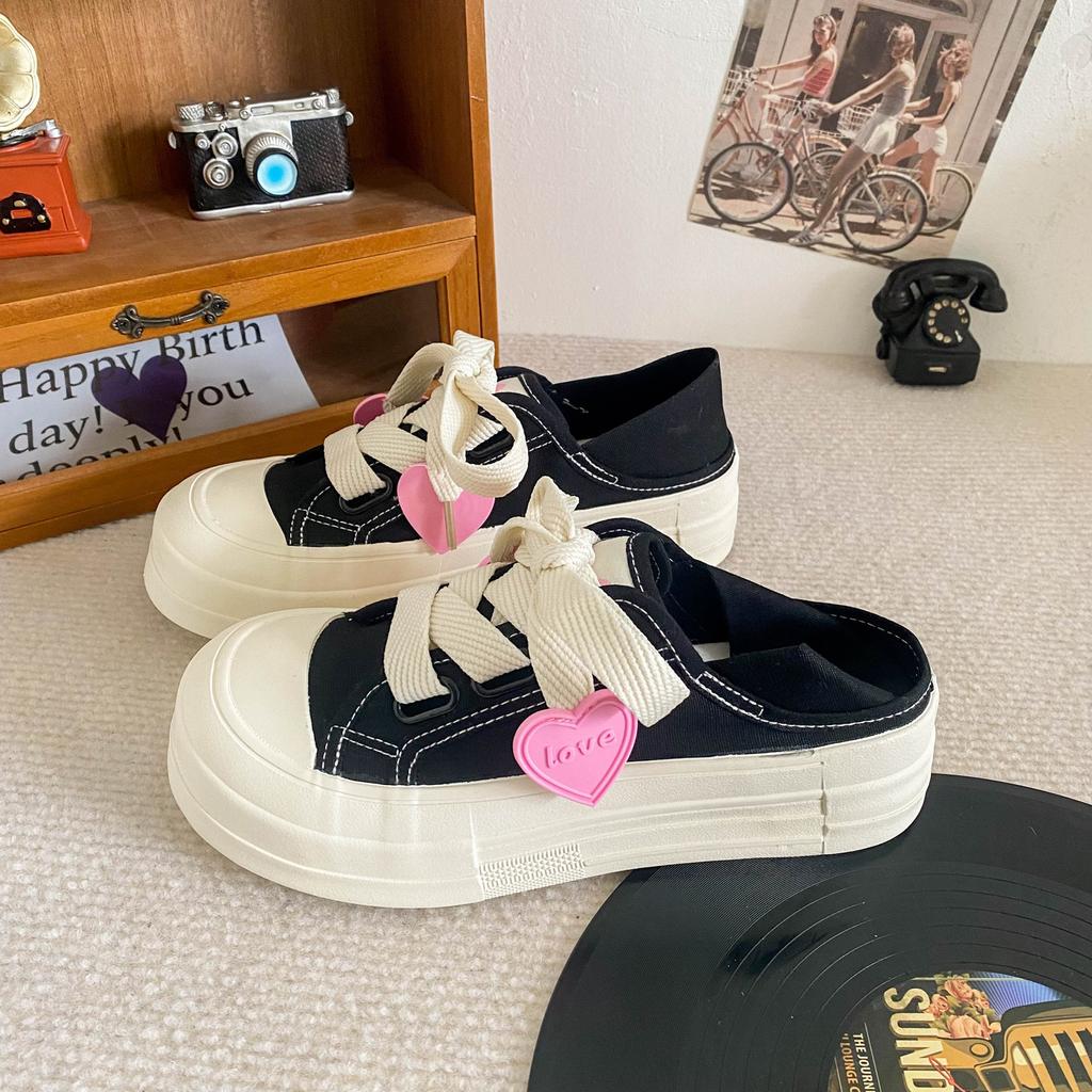 BE-6715 latex insole/love niche two wear canvas shoes women's summer thin lazy versatile half-drag board shoes