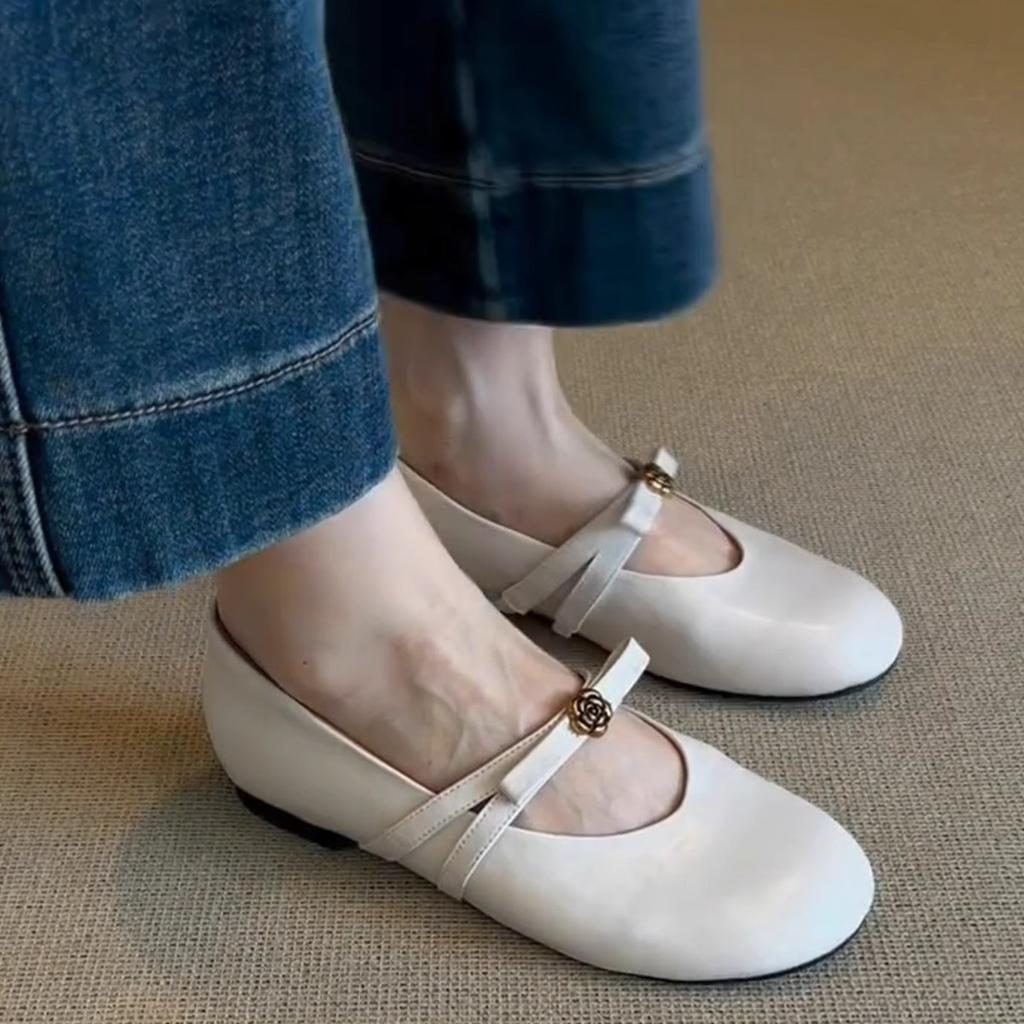Sheepskin~ French Flat-soled Single Shoes Women's Camellia Bow with Gentle Evening Breeze Round Head Mary Jane Shoes