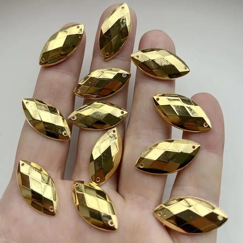 50 peças de strass dourados em formato de olho de cavalo, 12x25mm, com dois furos, usados para fazer joias DIY em acessórios de vestuário