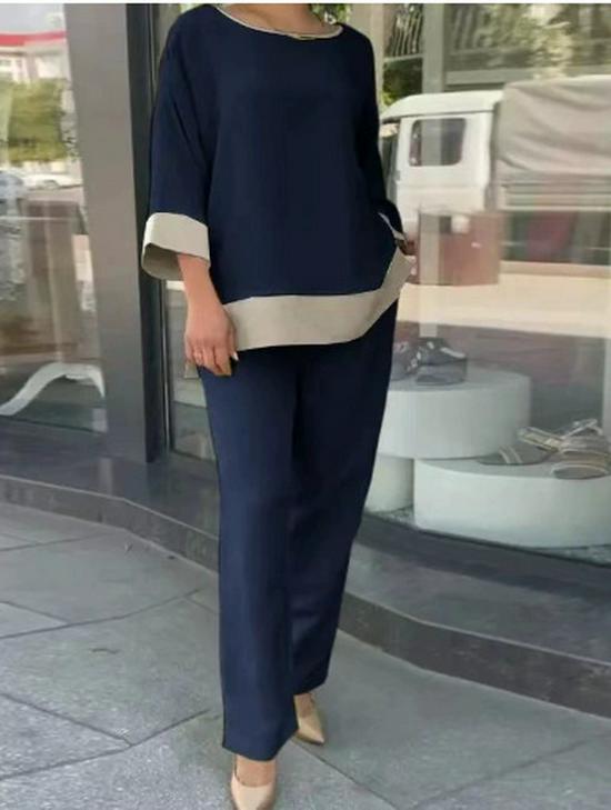 

Autumn Slimming Loose-Fit Color Block Plus Size Seven-Sleeve Top M синій