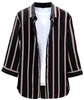 Black Long Sleeve Striped Slim Casual Korean Long Black Summer Black and Stylish Korean Black and Black Casual Spring Summer Sports Shirt [Lucky