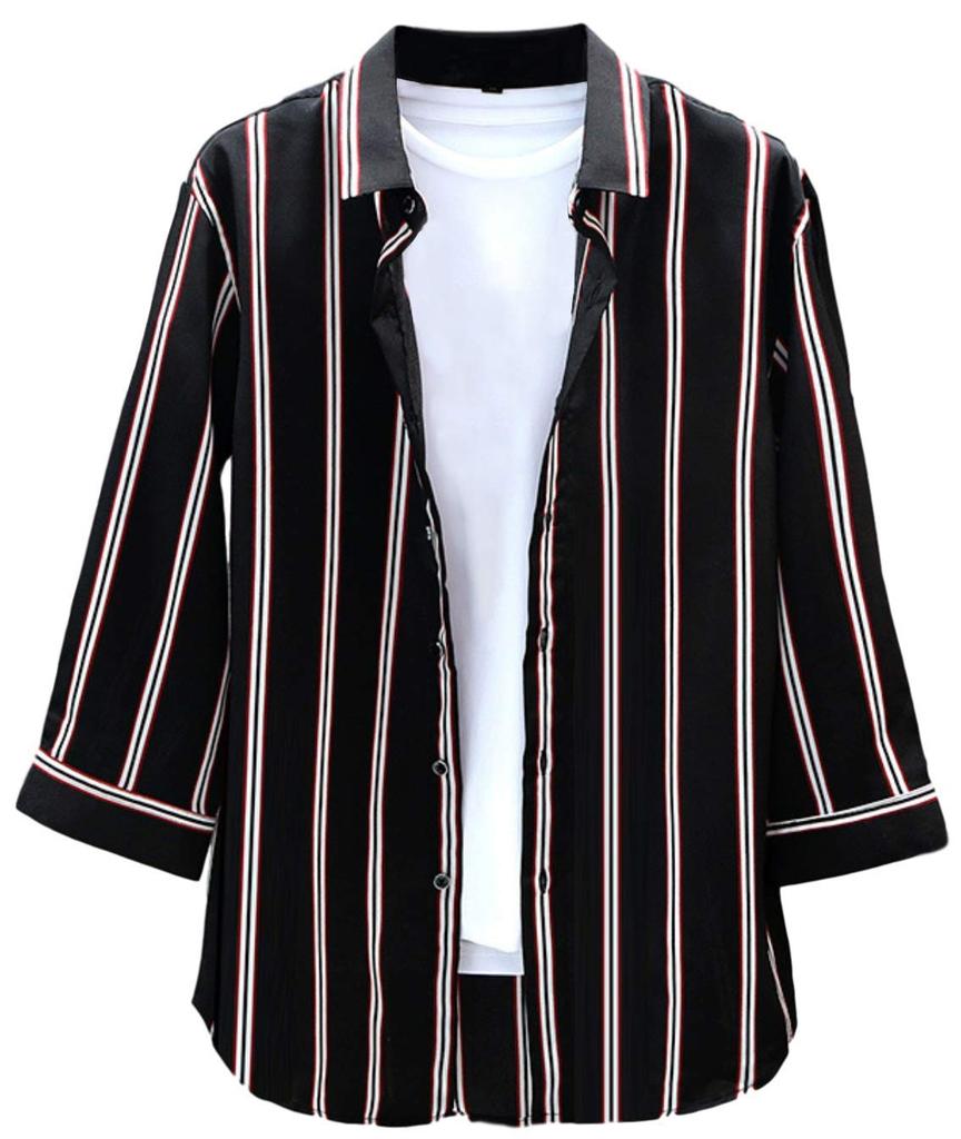 Chemise Sport Casual Longue Noire Rayée Slim Coréenne Été Noir et Élégante Noir et Noir Casual Printemps Été [Lucky