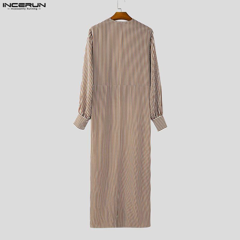 INCERUN Spring Men Neck Long Sleeve Striped Irregular Casual Long Cardigan Shirts Tops