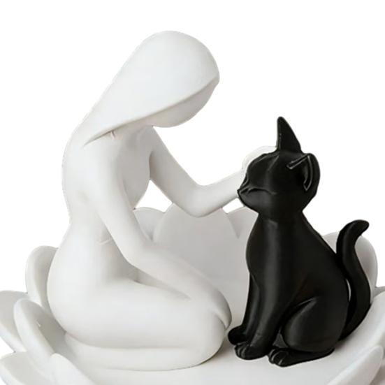 Human-Cat Interaction Shape Ornament, with Stable Non-Slip Lotus Base, Black And White Contrast Design, Ornament for Cat Lovers