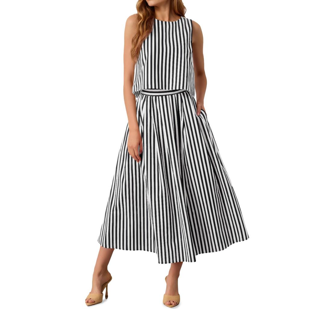 Damen Komfort und Freizeit Zweiteiler Bohemian Strandresort Gestreiftes Tanktop Rock Set