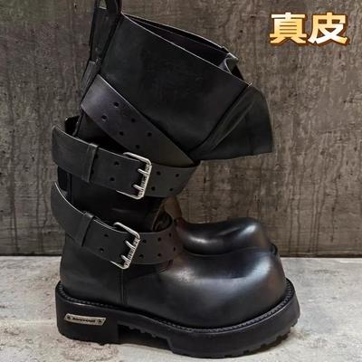 Retro Cowhide Boots Couple Belt Buckle Heightening Knight Boots
