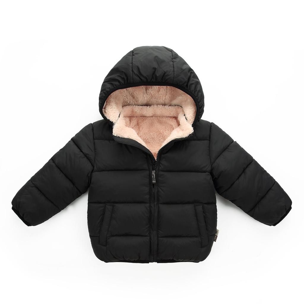 2026 Kids' Hooded Plaid Fleece-Lined Down Jacket for Boys & Girls, Warm Cotton Outerwear for Baby, Autumn & Winter.