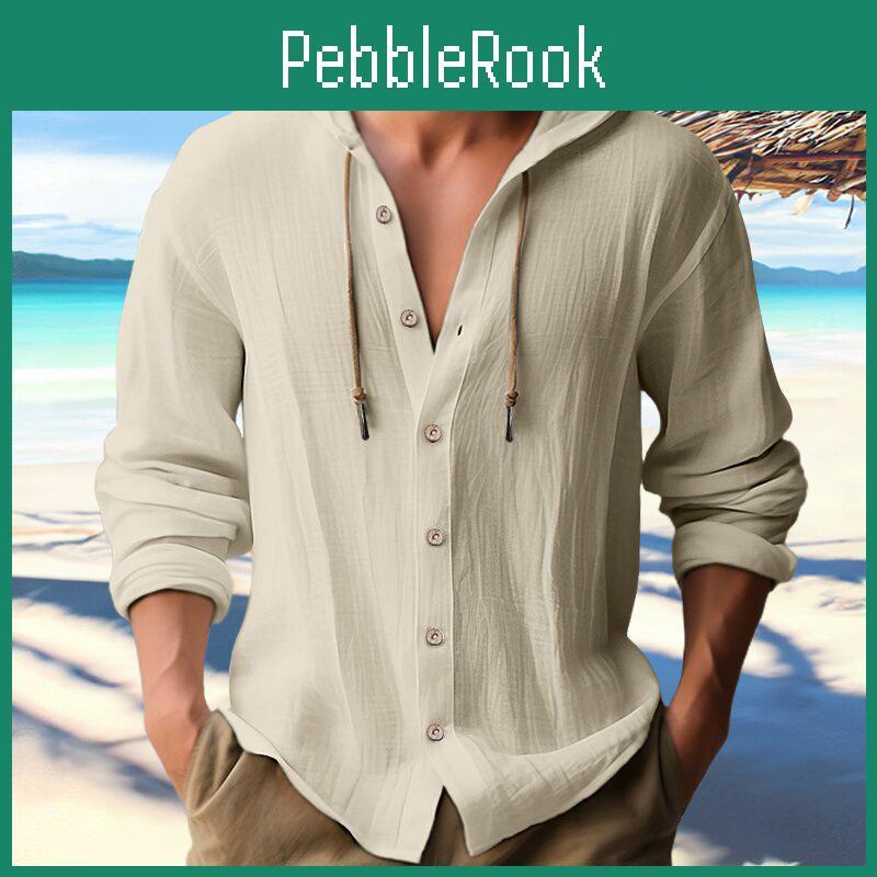 Men Linen Cotton Thin Shirts Button Up Hooded Hoodie Spring Autumn Long Sleeve Shirt Solid White Blue Casual Daily Clothing