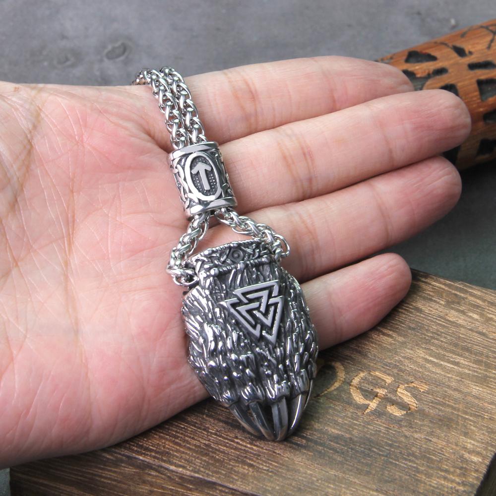 Nordic Viking Bear Claw Valknut Necklace Stainless Steel Pendant with Wooden Box Mens Gift Vintage Jewelry