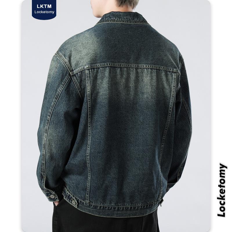 Men's Clothing # Autumn Loose Fitting American Retro Casual Denim Jacket for Men's Work Versatile Washed Collar Jacket
