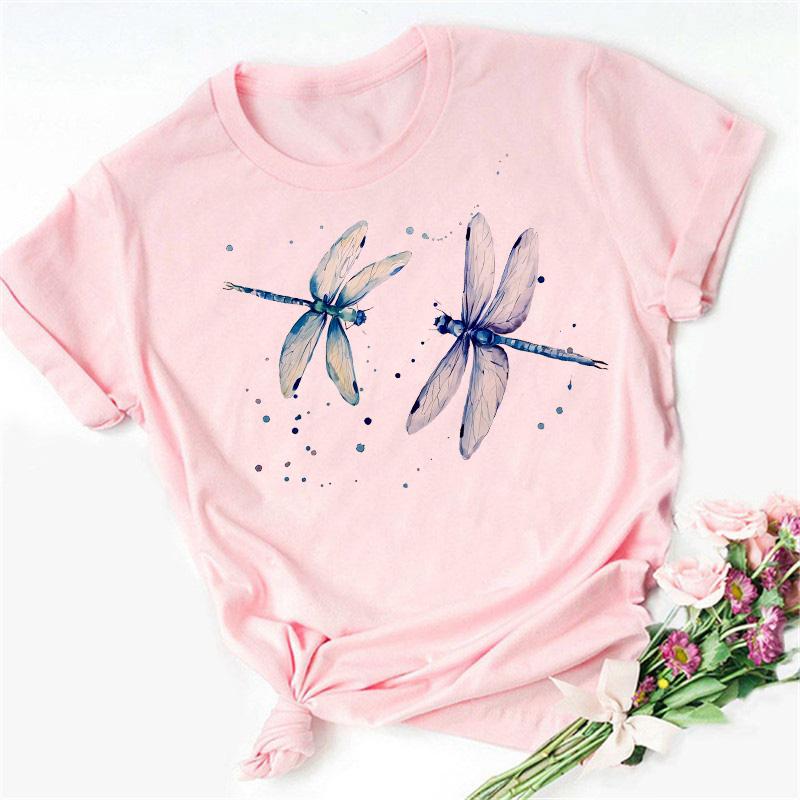 New Love Heart Dragonfly Print Women T-Shirt Fashion Casual Short Sleeves Ladies O-Collar T Shirts Streetwear Graphic Print Tops