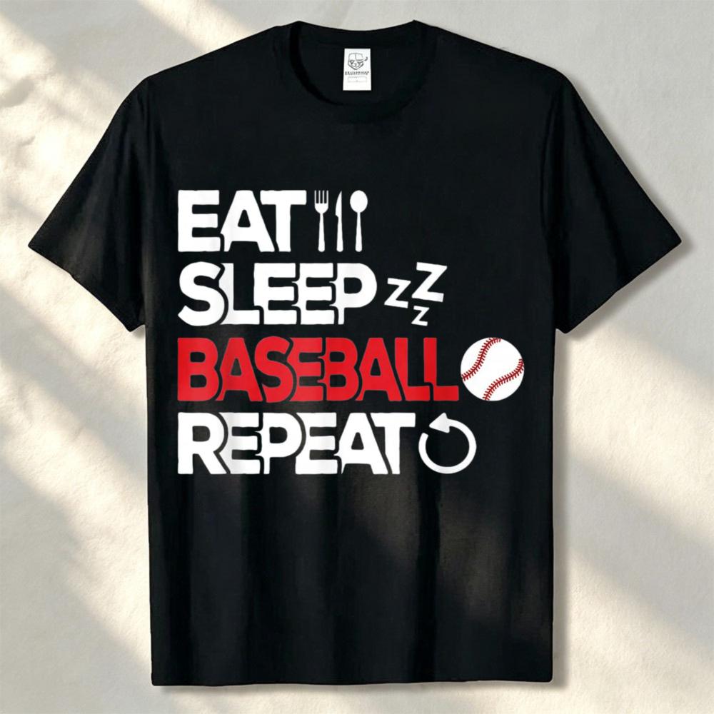 Eat Sleep Baseball Repeat Sport Quote Graphic T Shirt Unisex Cotton Baseball Player Fan Casual Short Sleeve Athletic Daily Tops