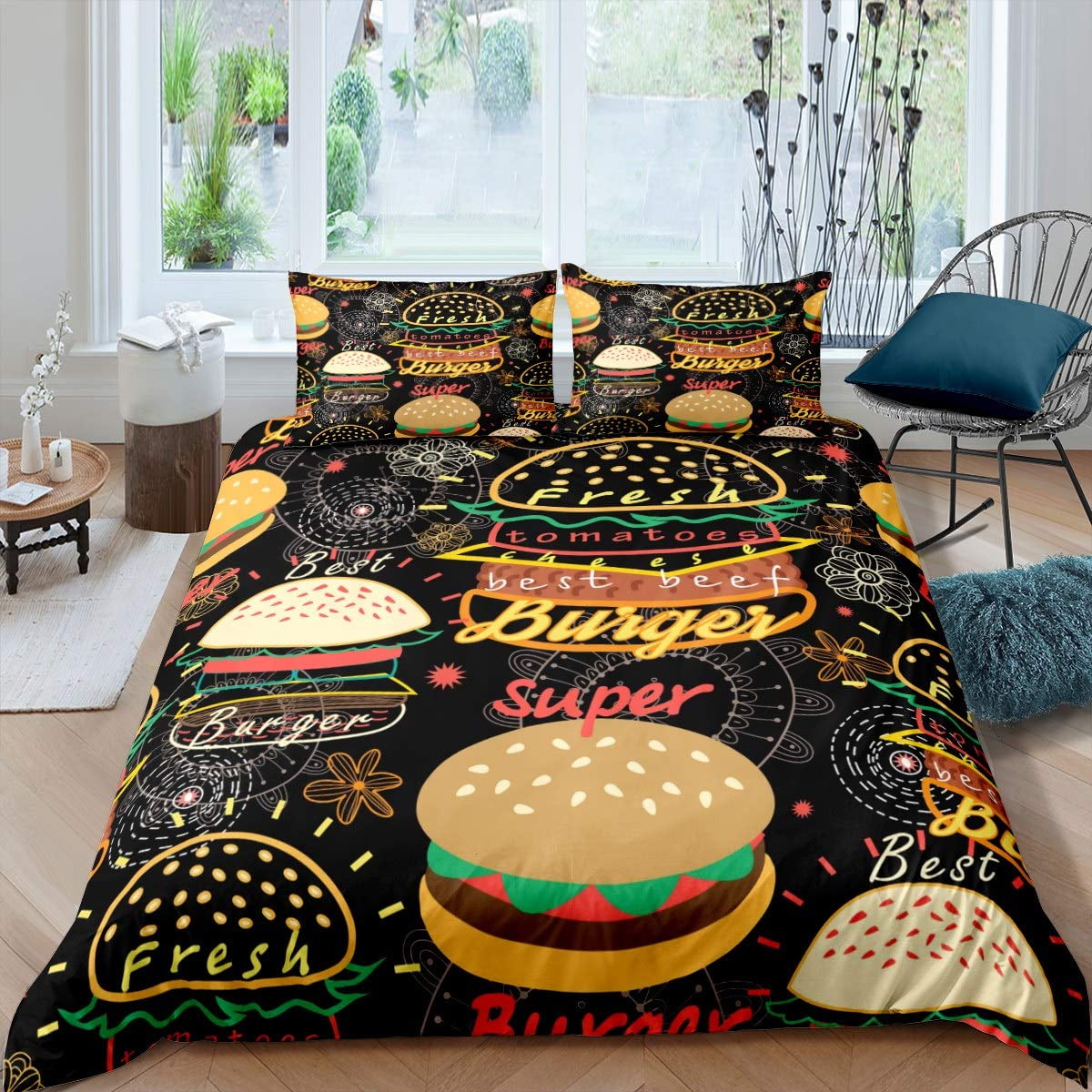 

American Fast Fod Soft Duvet Cover Piza Hot Dog Hamburger Print Beding French Fries Carton Style Comfortable Quilt Cover for Children Kids Young Boys 100*200cm Single