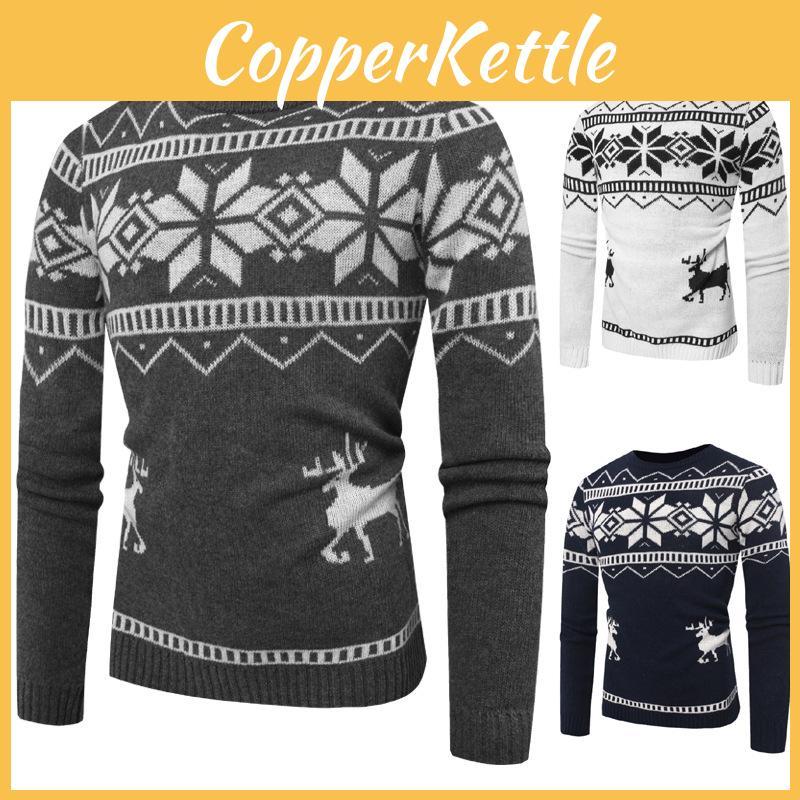 Gemütlicher und weicher Herren-O-Ausschnitt-Pullover mit festlichem Hirsch-Druckdesign für Weihnachtsfeiern