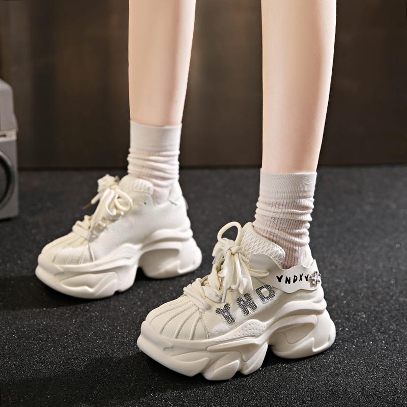 Fashion 8CM Microfiber Leather Bling Sneakers New 2025 Autumn Thick Soled Sports Dad Shoes Diamond Breathable Casual Chunky Shoes