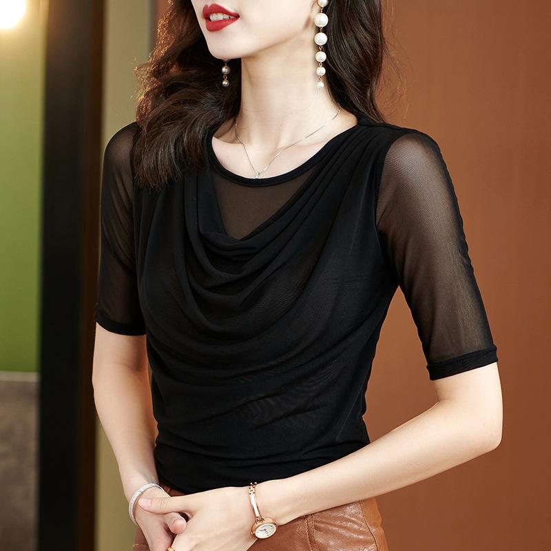 

Футболка с короткими рукавами и сетчатым воротником, модная базовая рубашка для женщин 4XL