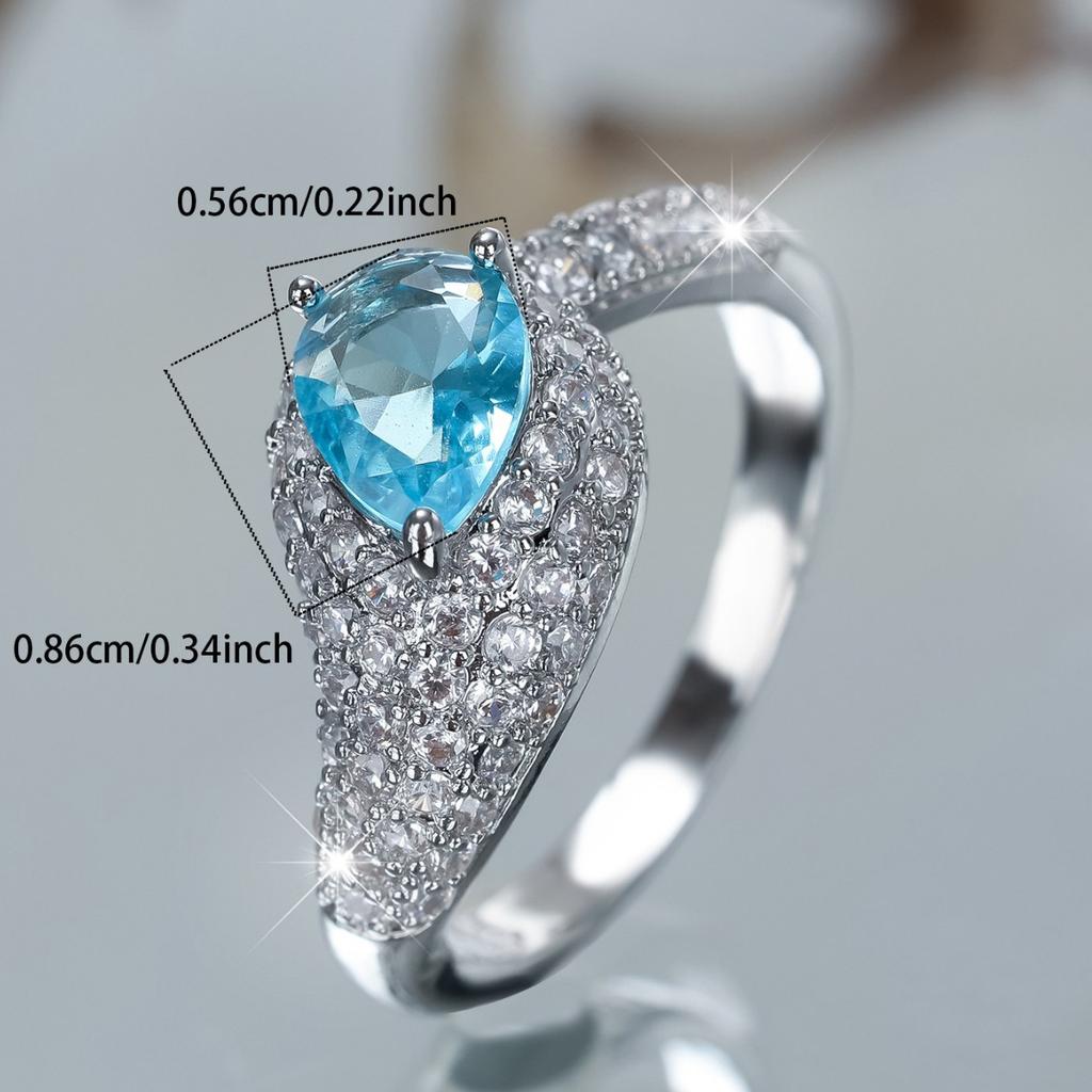 Ins Burst Full of White Diamond Water Drop Sea Blue Zircon Ring, Shining Exquisite Temperament Ring