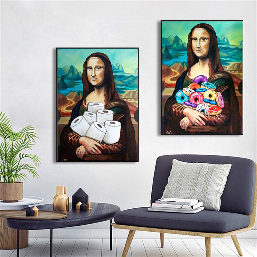 Pictură amuzantă pe pânză de artă Mona Lisa Imprimare Toaletă Artă pentru perete Baie Poster din hârtie Poză de decorare a casei pentru sufragerie dormitor