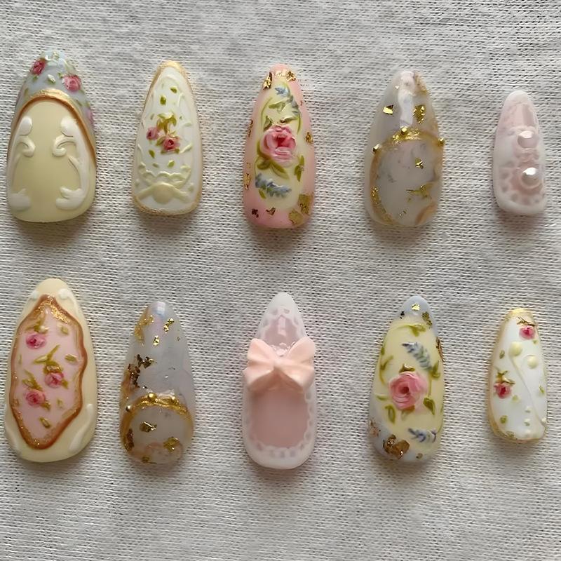 24Pcs Sweet Pink French Tip Polka Dot Nails With 3D White Bow Almond Shape False Nails Detachable Press On Nails For Women