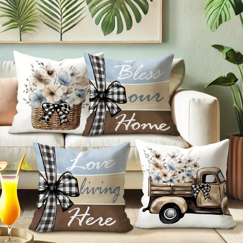 Rustic and Elegant Pillow Cover: Floral Basket, Retro Truck and Heart-warming Home Decoration, Sofa and Chair Cushion Cover