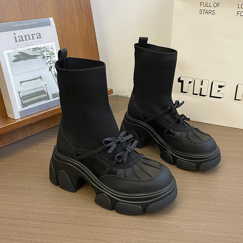 2025 autumn new thick-soled elastic boots women's British style splicing bow muffin bottom thin boots Martin boots
