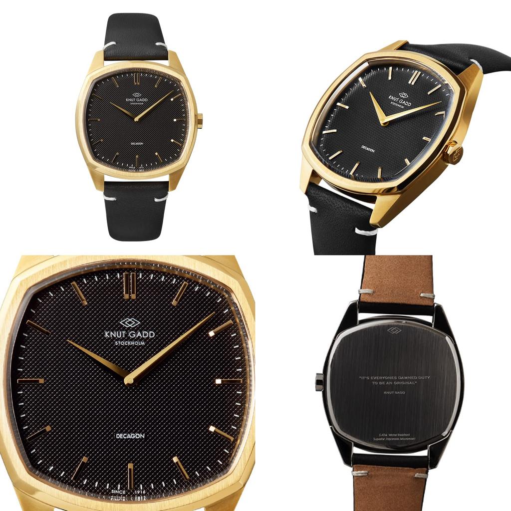 Knut Gadd DECAGON Watch with Gold Black and Black Leather Warranty Men's Case, Dial, Strap, 3-Year