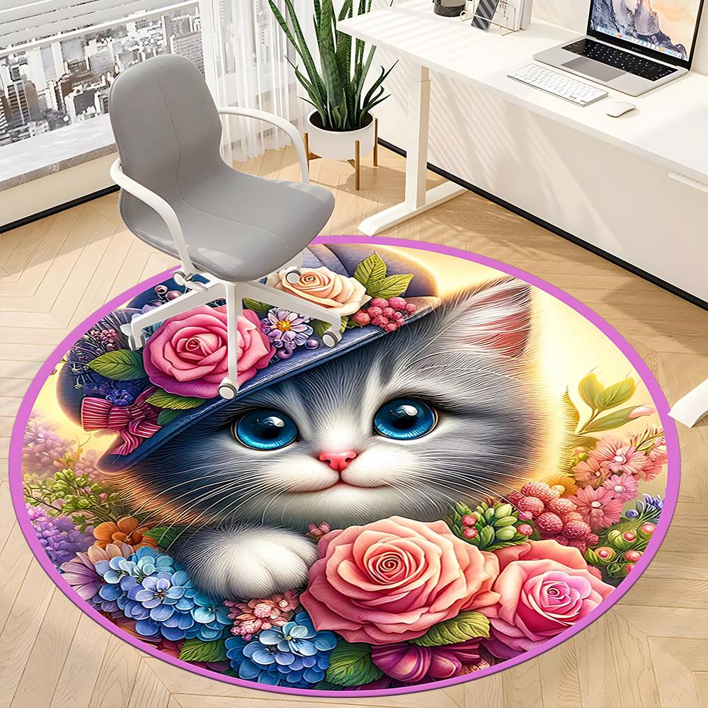 1pc Floral Cat Hat Chair Carpet for Office, Round Polyester Mat, Indoor Decor for Office, Easycare Fabric, Washable Non-slip Area Carpet