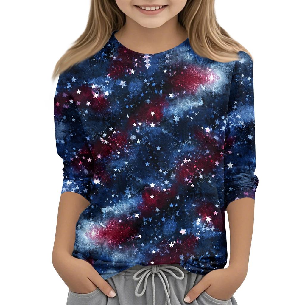 Dziecięce bluzki z rękawem 3/4, casualowy T-shirt z nadrukiem, okrągły dekolt, bluzka typu pulower