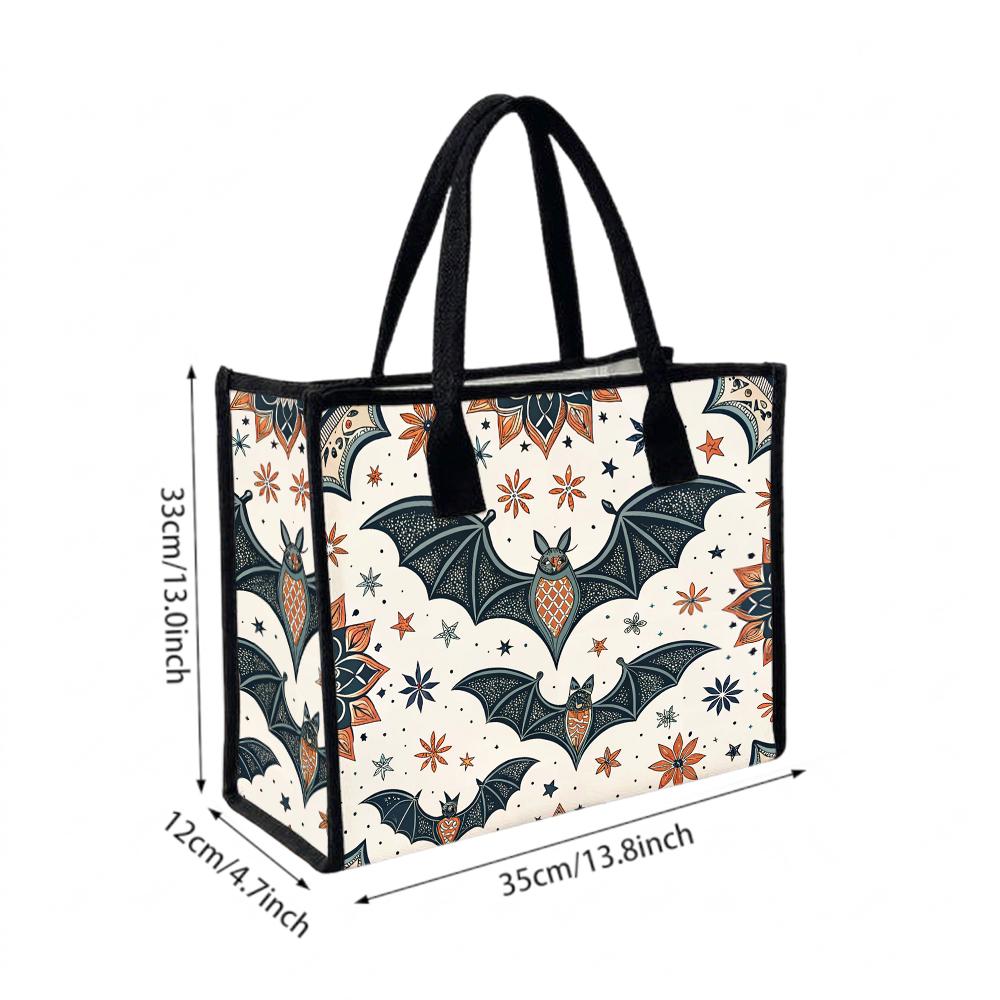 Boho Bat Print Tote Bag Casual Large Capacity Canvas Handbag for Daily Use