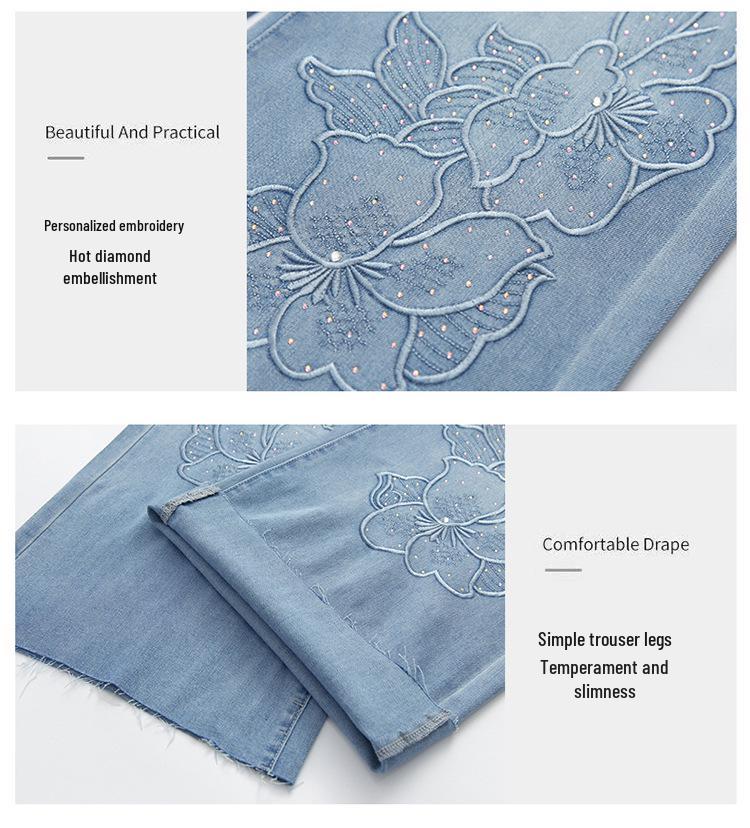 Women's High-Waisted Light Blue Denim Wide-Leg Pants with Rhinestone Embroidery - 2026 Spring/Autumn Chinese Style Slimming Casuals
