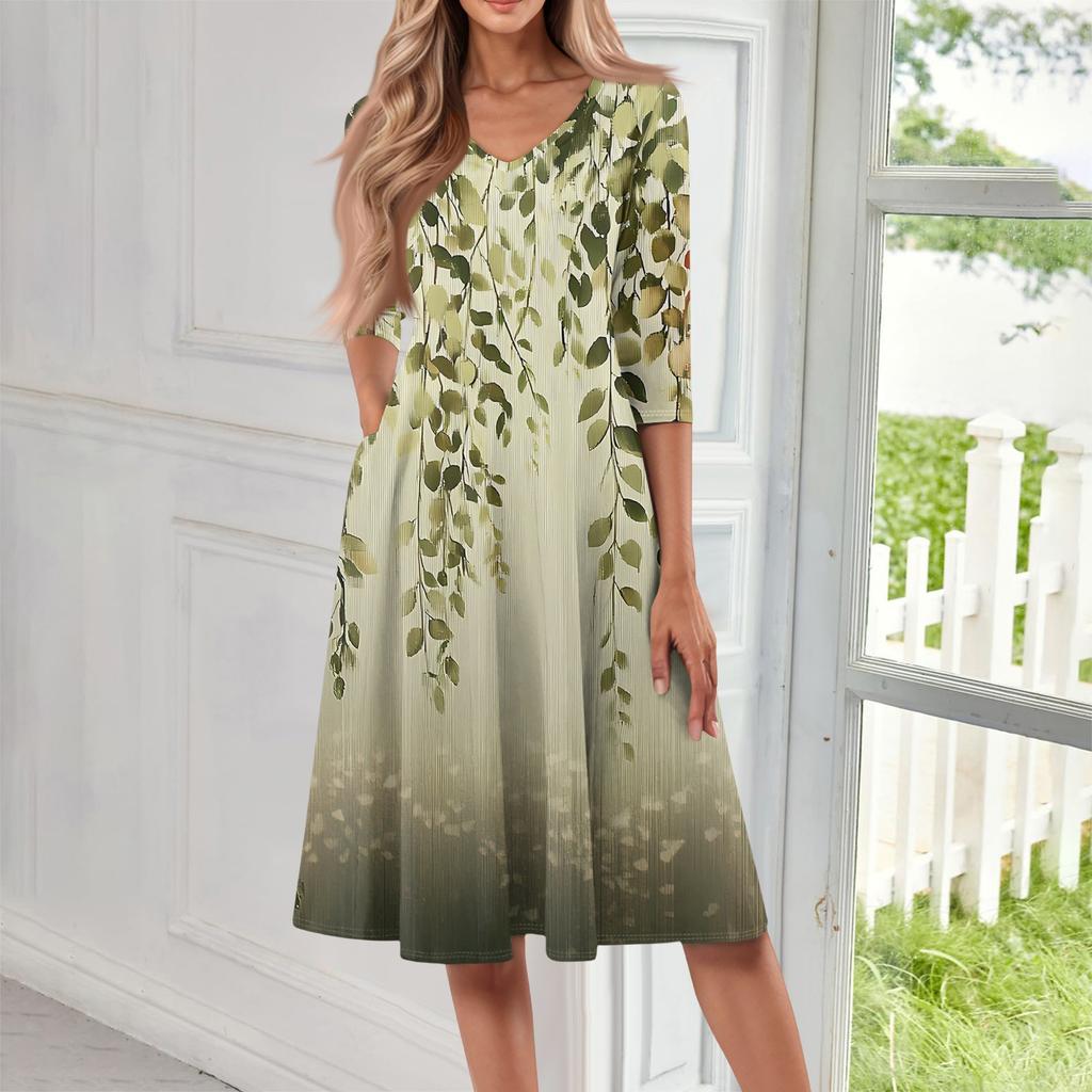 Women's Casual Fashion V Neck Three Quarter Sleeve Print Midi Dress