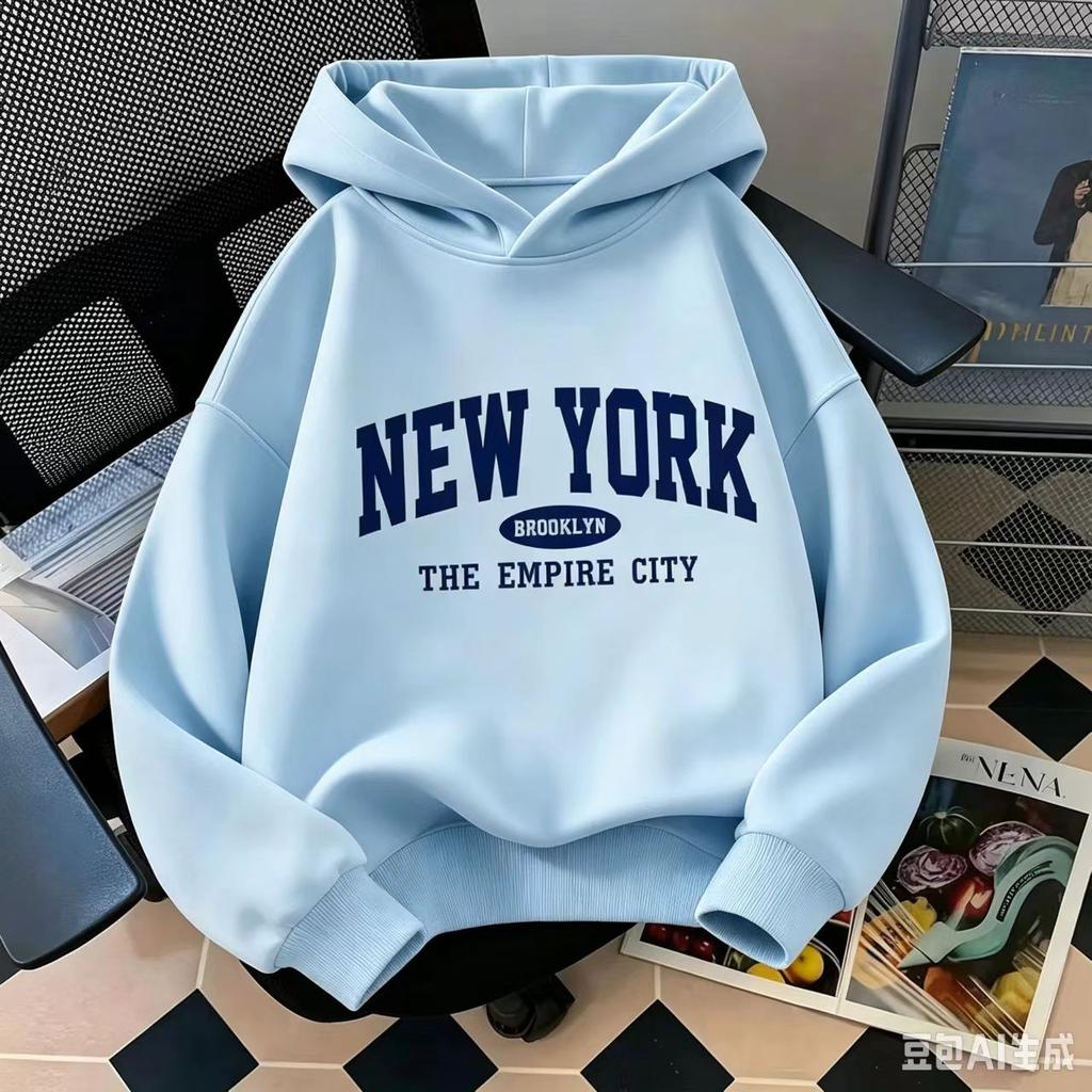 Fit, New York Letter Print Casual Style for Boys and Girls Children's Fashionable Hoodie Loose Geometric Pattern Warm Sweatshirt