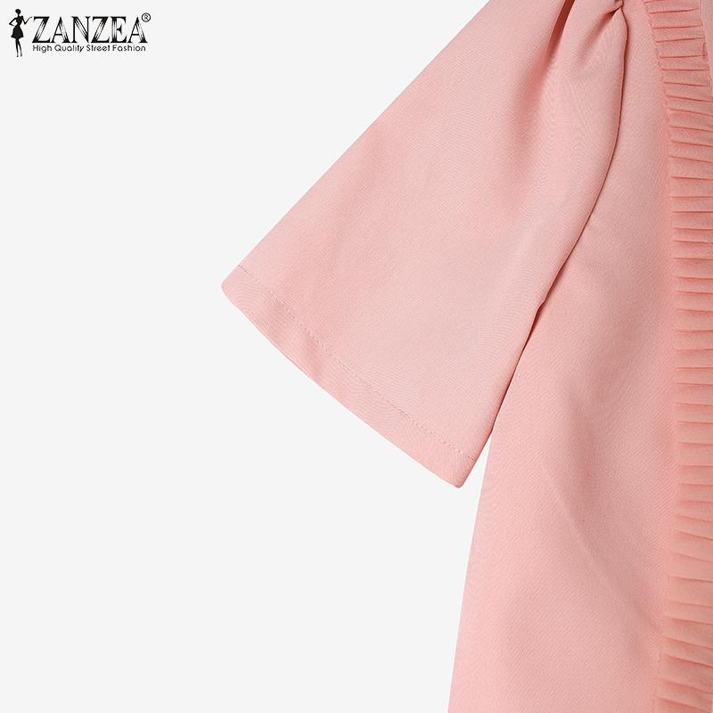 ZANZEA Women Elegant Bow O-neck Casual Summer Short Sleeve Dress